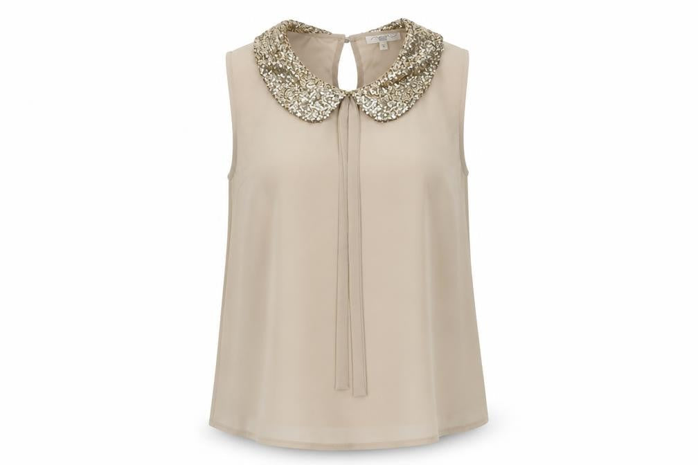 New Look Women's Beige Sequin Collar Sleeveless Blouse Size S