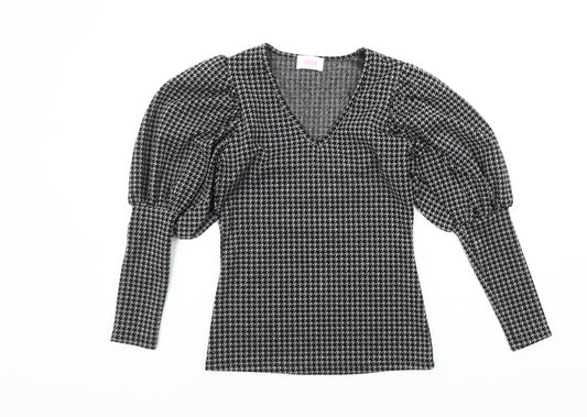 Savida Women's Black Houndstooth Puff Sleeve V-Neck Knit Blouse XS
