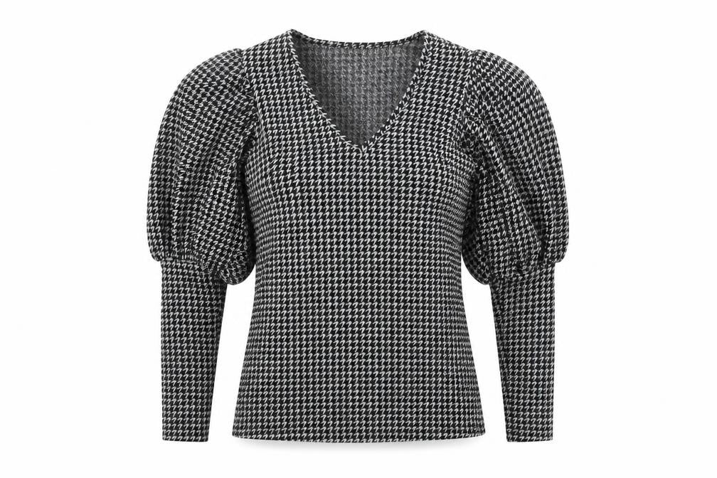 Savida Women's Black Houndstooth Puff Sleeve V-Neck Knit Blouse XS