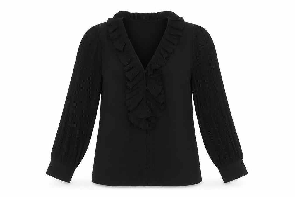Savida Women's Black Ruffle Long Sleeve Blouse Size 2XS