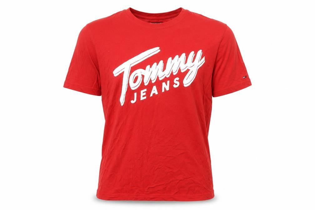 Tommy Jeans Men's Red Cotton Logo Crew Neck T-Shirt Size L