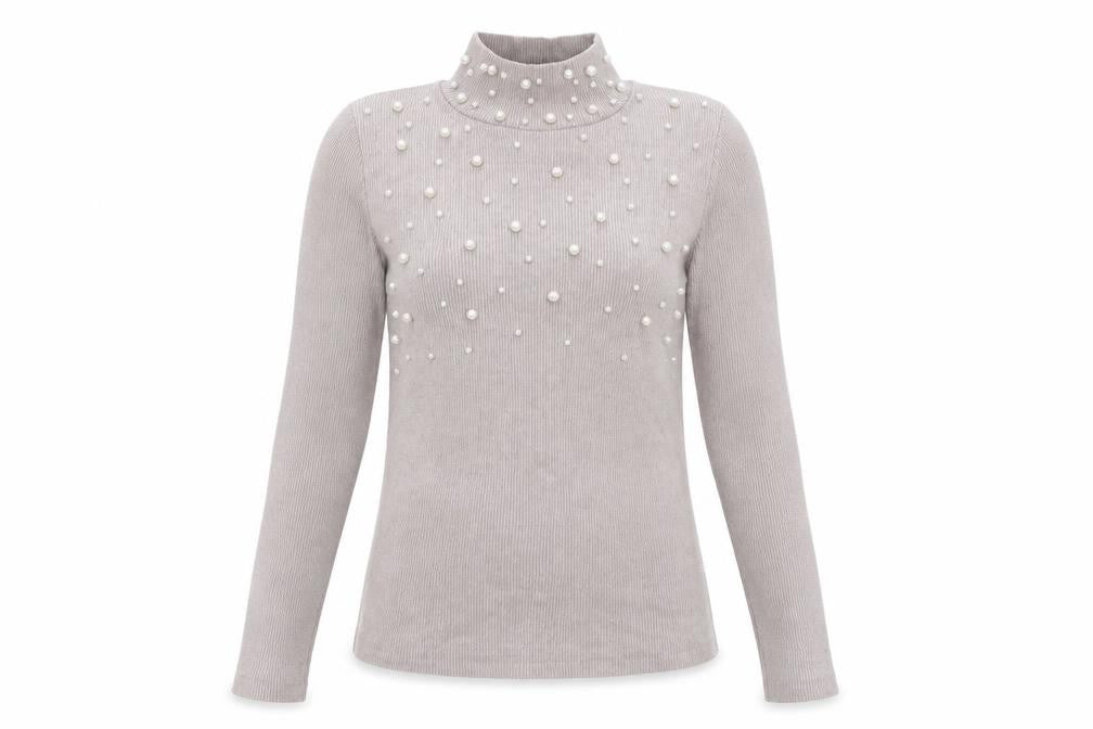 ZARA Women Beige Mock Neck Beaded Slim Fit Knit Jumper Size S