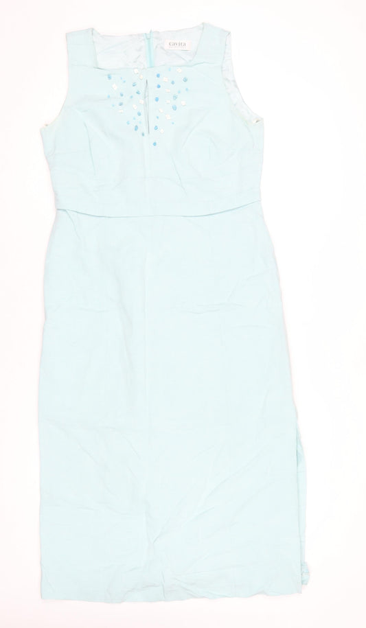 Cavita Collections Women's Blue Beaded Sheath Dress Size 12 Sleeveless