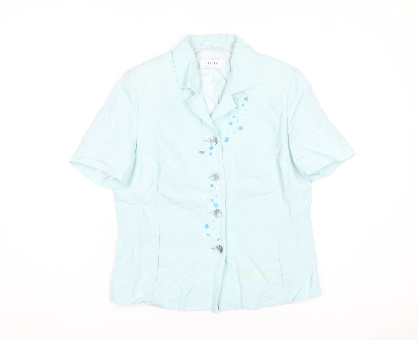Cavita Collections Women's Blue Beaded Linen Blend Short Sleeve Blazer Size 12