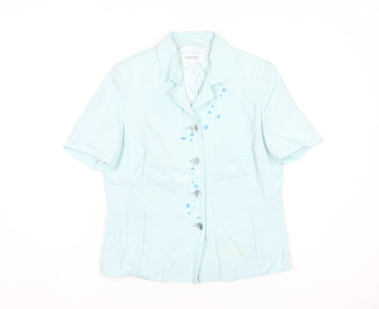 Cavita Collections Women's Blue Beaded Linen Blend Short Sleeve Blazer Size 12