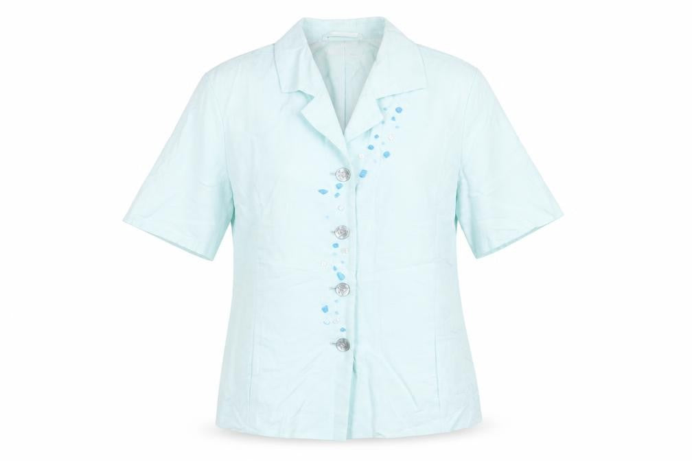 Cavita Collections Women's Blue Beaded Linen Blend Short Sleeve Blazer Size 12
