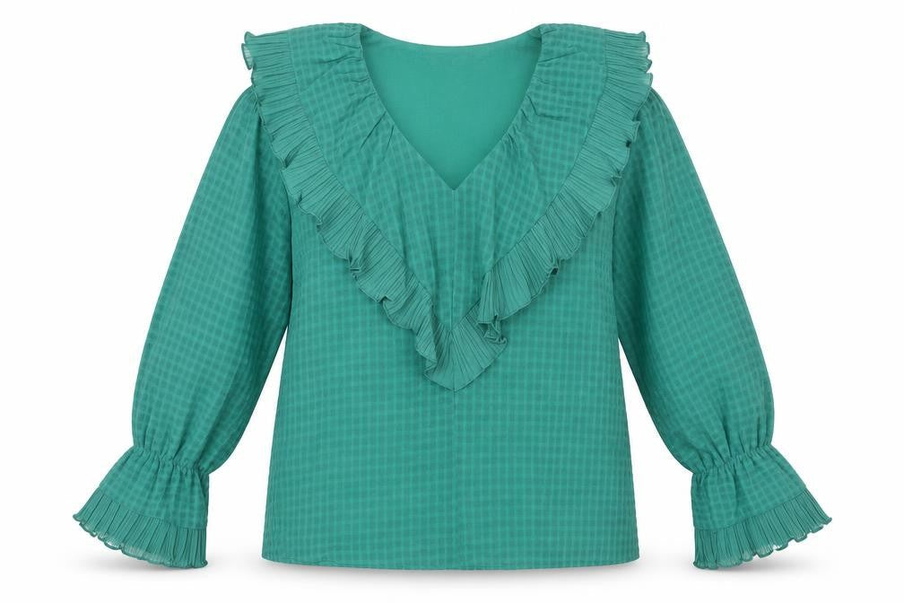 Gallery Women’s Green Ruffle V-Neck Long Sleeve Tunic Blouse Size 14