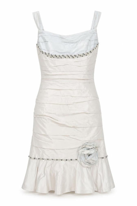 Ian Stuart London Women’s Beige Knee Length Sheath Dress Size 16 Beaded Formal