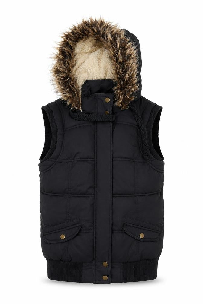 New Look Women's Black Faux Fur Hooded Puffer Waistcoat Size 12