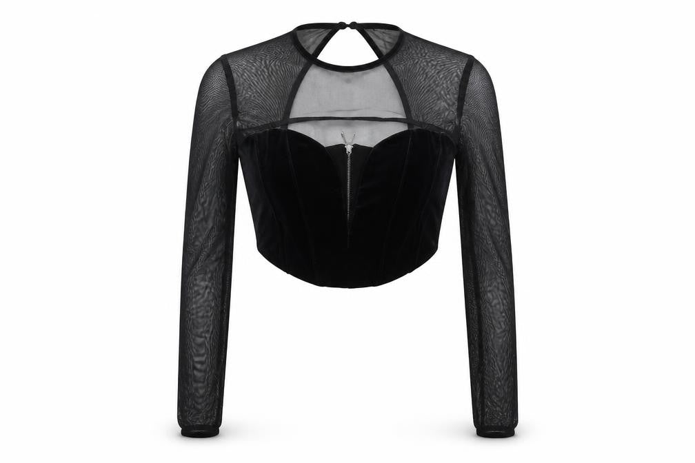 Bershka Women's Black Velvet Mesh Cropped Blouse Size S Party Top