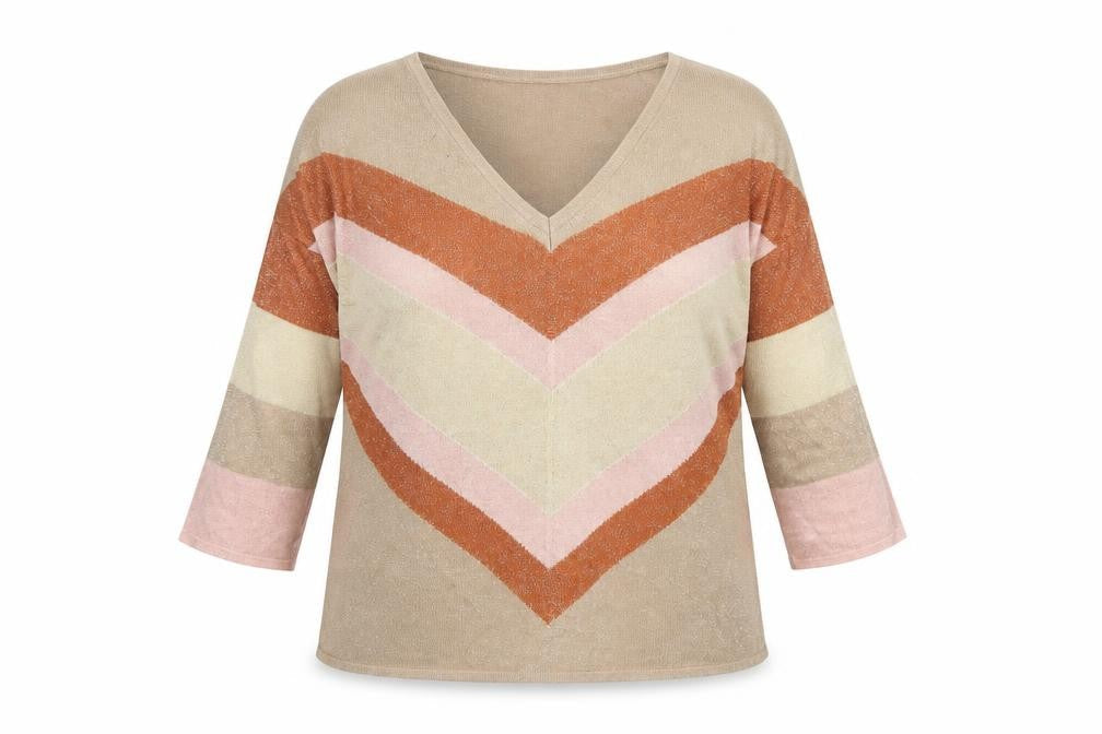 Naoise Women’s Beige V-Neck Striped Pullover Jumper Size L