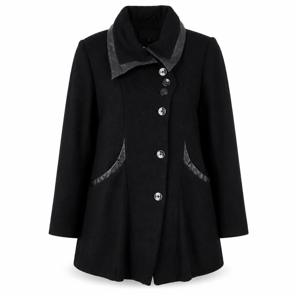 VILA Women’s Black Wool Blend Mid-Length Coat XL Button Classic Style