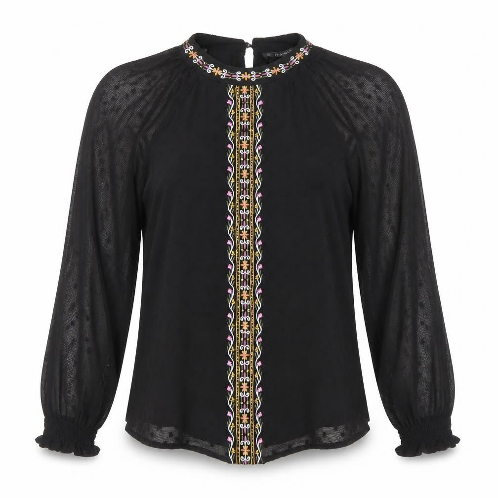 Front view of Dunnes women’s black embroidered chiffon bohemian blouse m