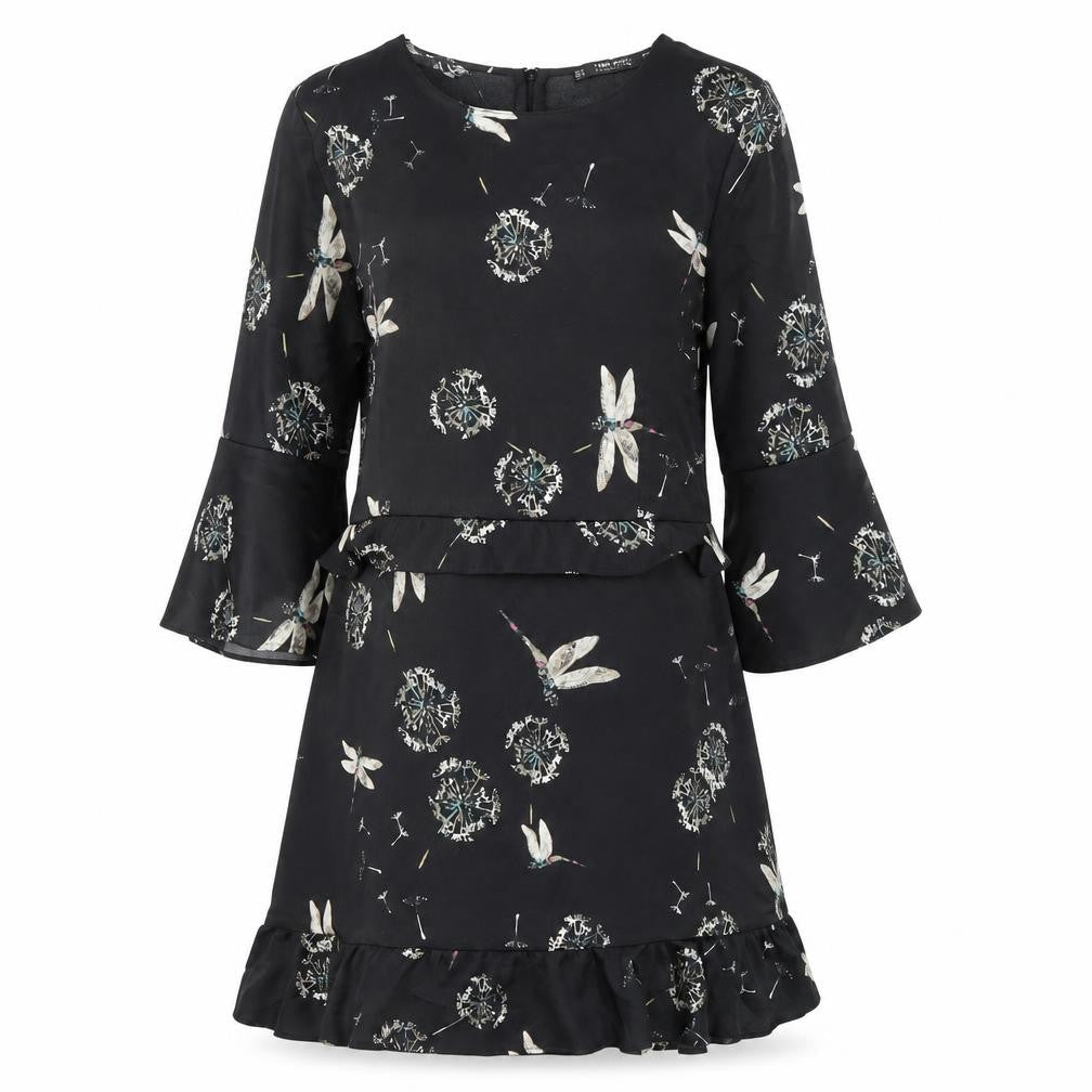 Zara Women Black Floral Ruffle Shift Dress Size 12