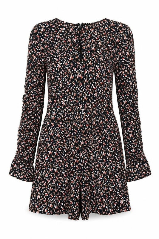 Front view of Miss Selfridge Women’s Black Floral Long Sleeve Playsuit UK 10 Viscose