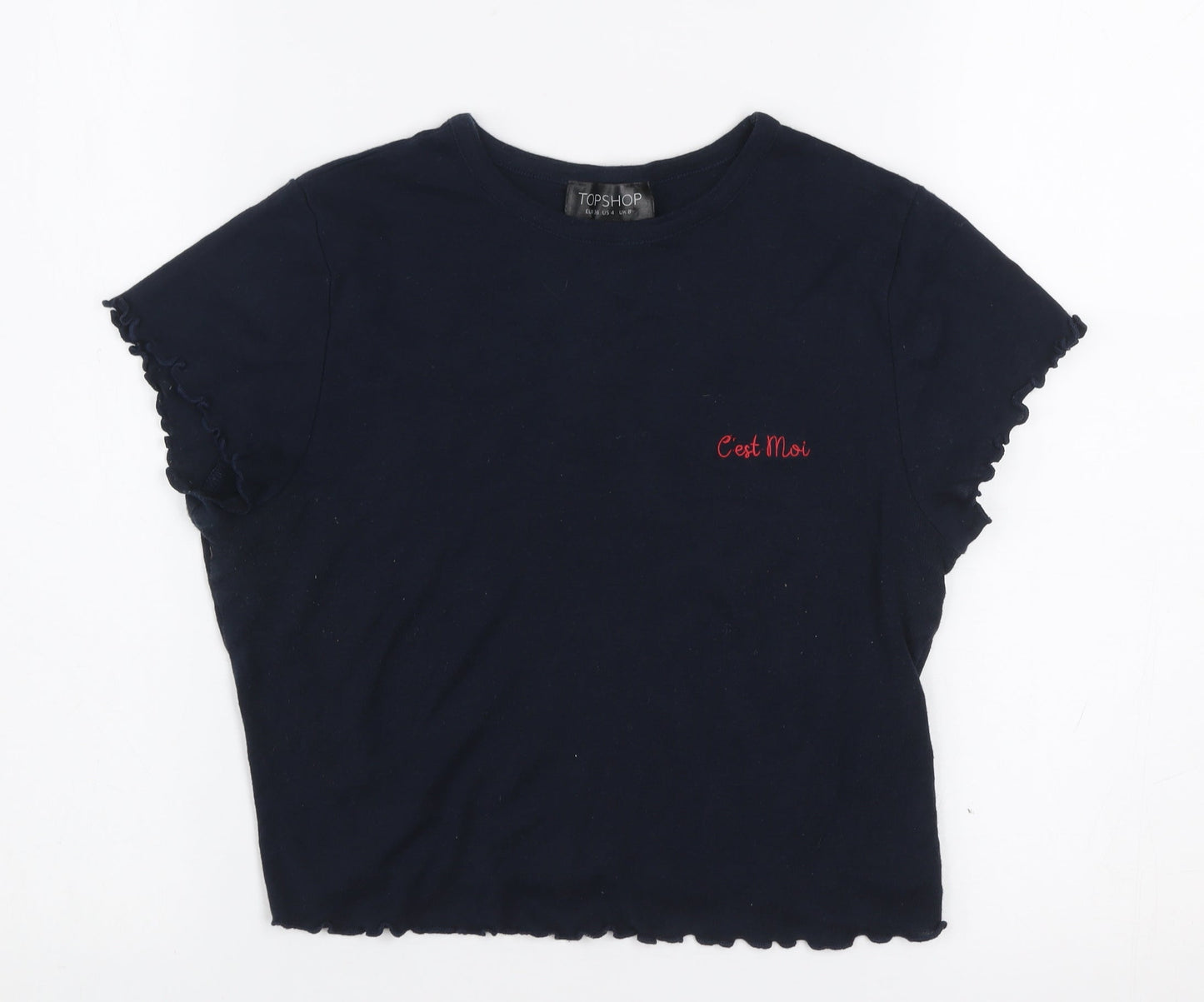 Topshop Women's Blue Cropped Embroidered Cotton T-Shirt Size 8