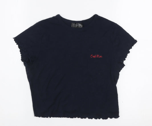 Topshop Women's Blue Cropped Embroidered Cotton T-Shirt Size 8
