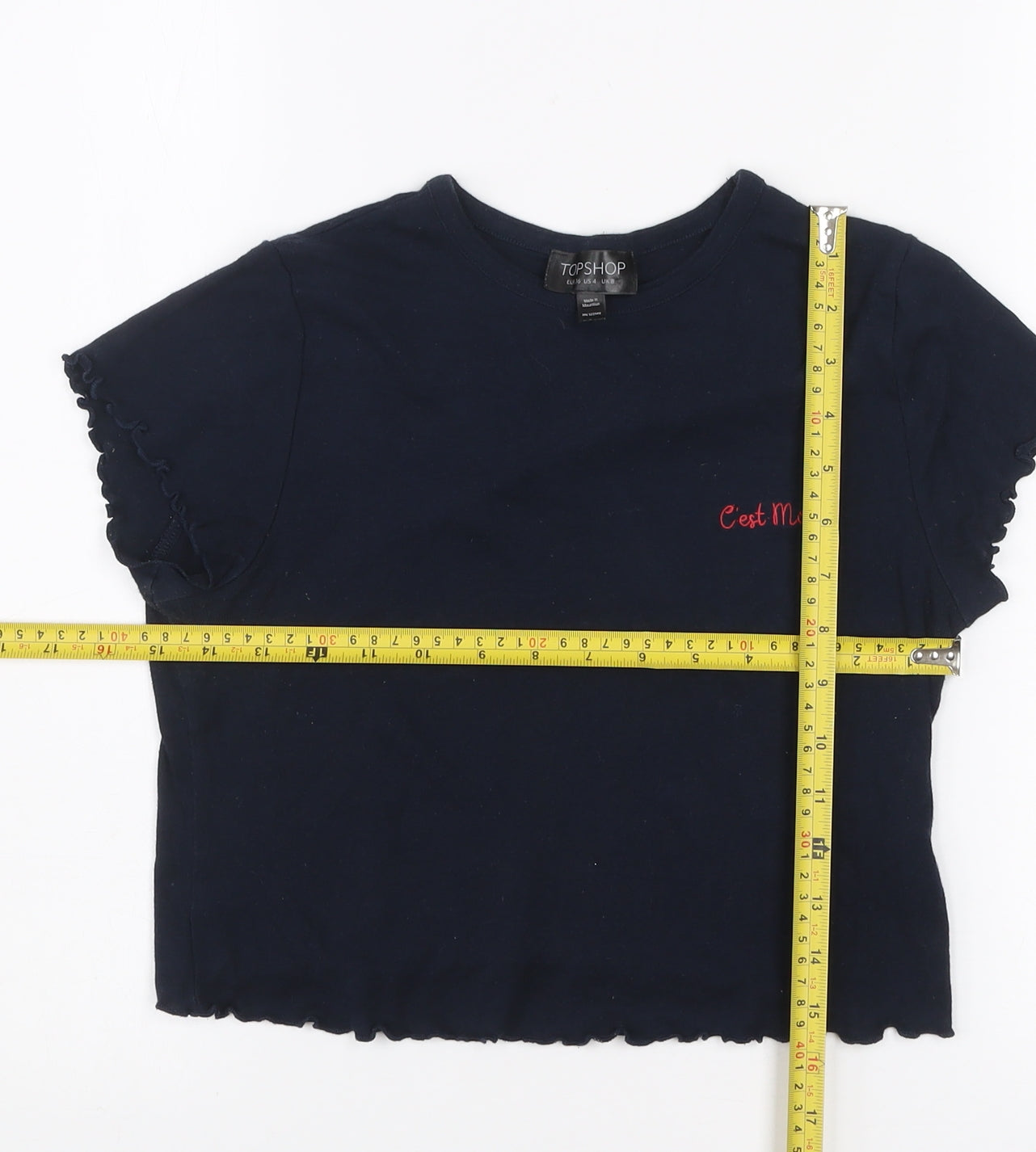 Topshop Women's Blue Cropped Embroidered Cotton T-Shirt Size 8