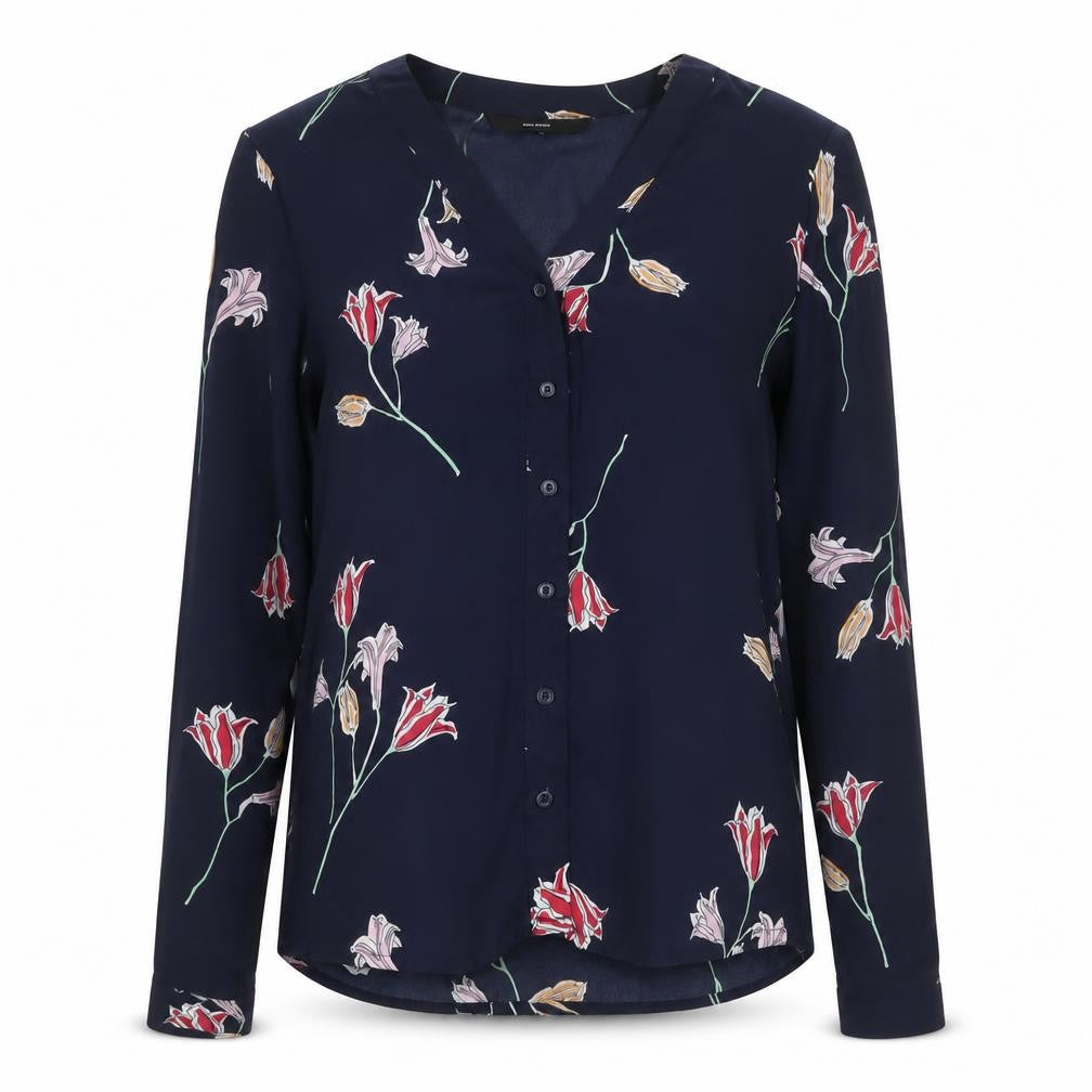 Vero Moda Women's Blue Floral Long Sleeve V-Neck Blouse XS