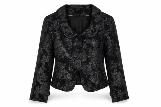 Sasha Women’s Black Floral Jacquard Shawl Collar Blazer Size 10