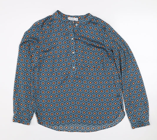 Gallery Women's Blue Geometric Long Sleeve Henley Blouse Size 8