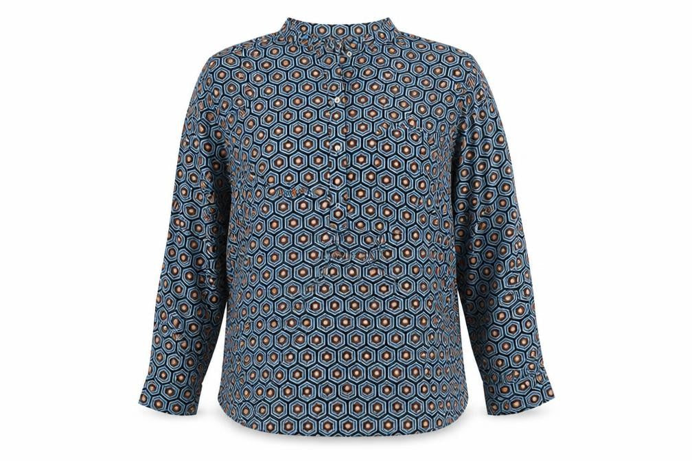 Gallery Women's Blue Geometric Long Sleeve Henley Blouse Size 8