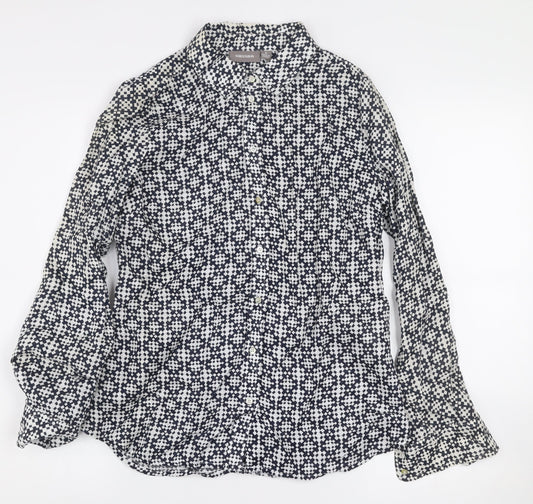 Sussan Women's Blue Geometric Linen Button-Up Shirt Size 8