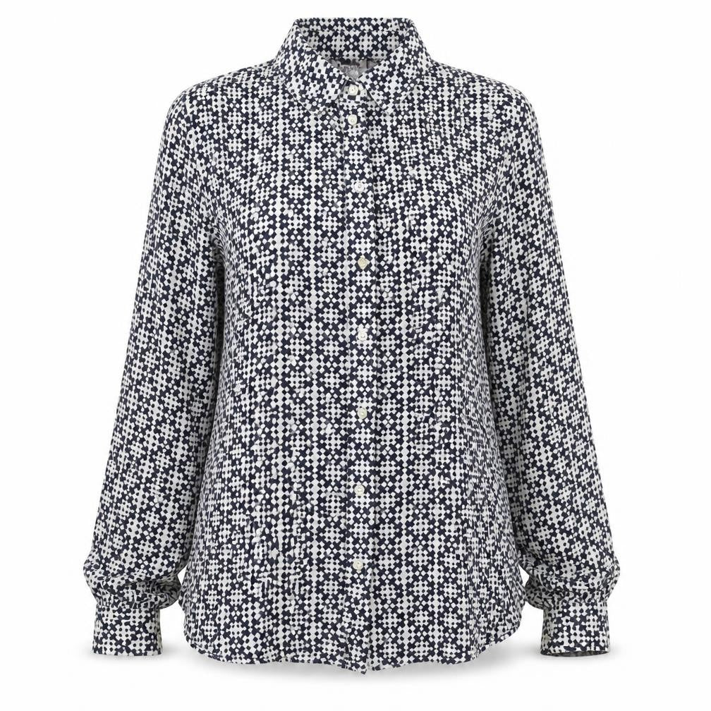 Sussan Women's Blue Geometric Linen Button-Up Shirt Size 8