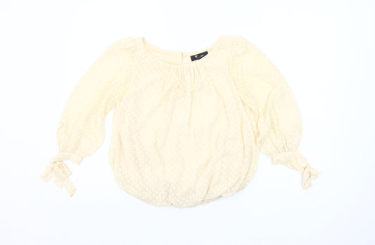 Cutie Women’s Beige Polka Dot Sheer Blouse Size 8 Puff Sleeve Peasant Top