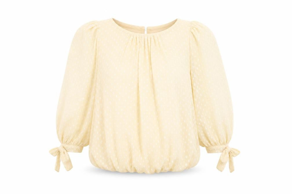 Cutie Women’s Beige Polka Dot Sheer Blouse Size 8 Puff Sleeve Peasant Top