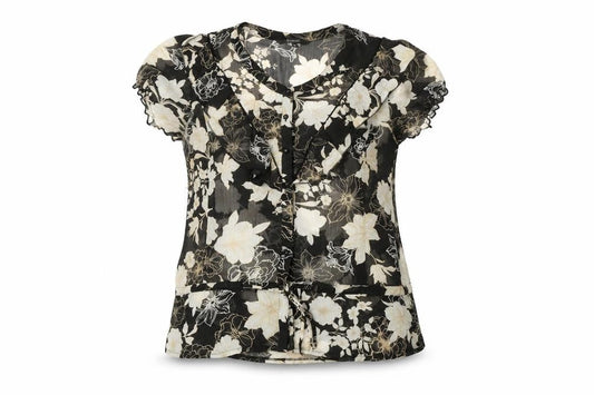Front view of Dunnes Women’s Black Floral Chiffon Ruffle Blouse, size UK 18