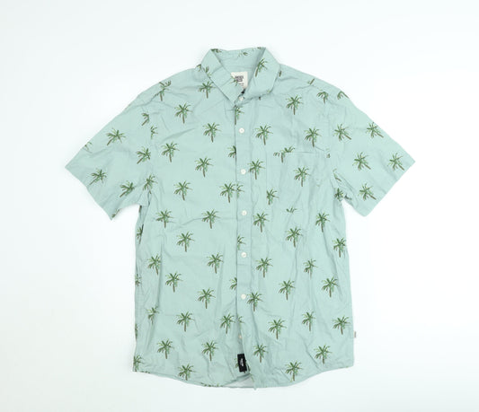 America Today Men's Green Palm Print Short Sleeve Button-Up Shirt Medium