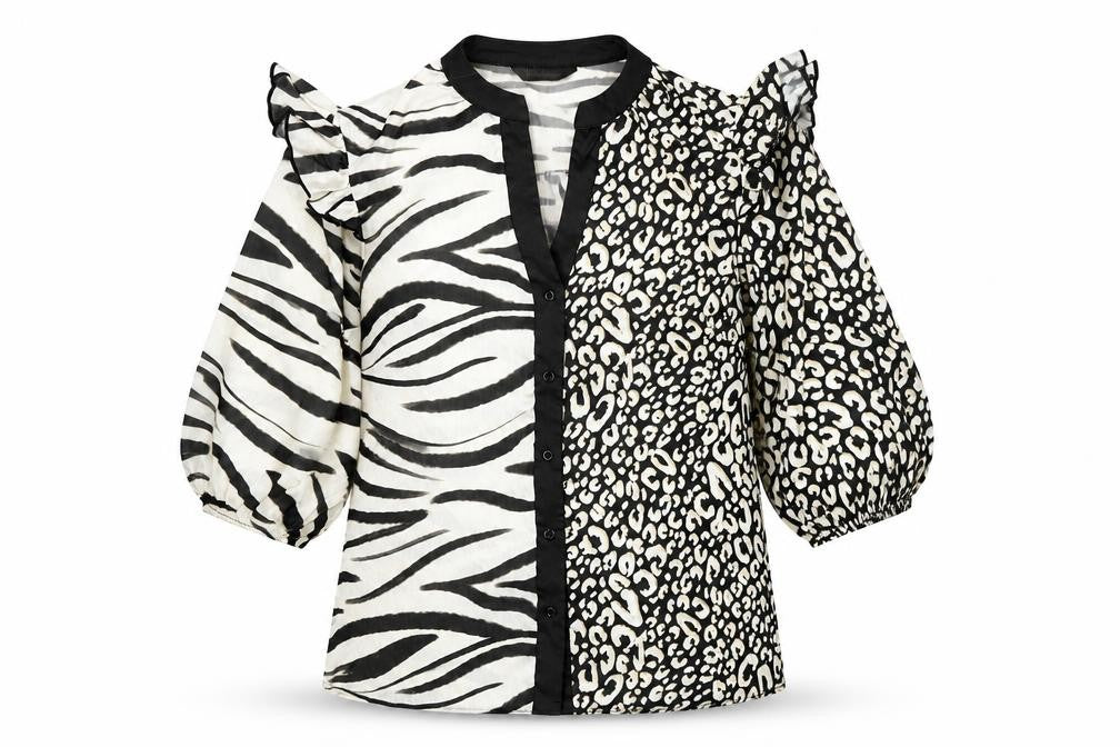 Kaleidoscope Women Black Animal Print Ruffle 3/4 Sleeve Blouse Size 10