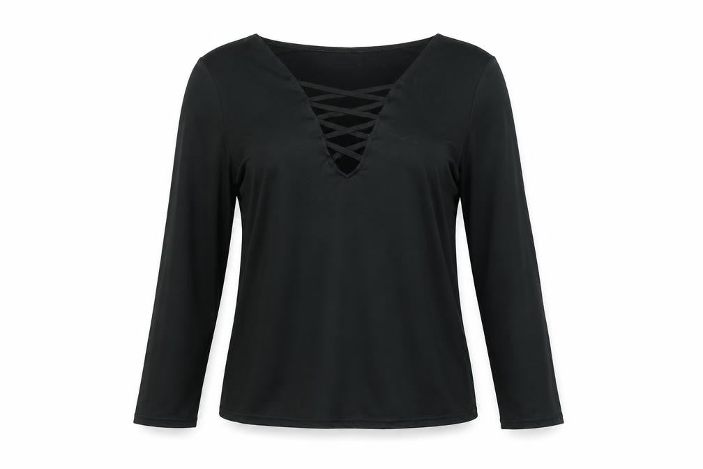Nuoxi Women's Black Long Sleeve V-Neck Lace Up Blouse Size M