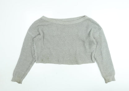 Additional front view of Missguided Women’s Grey Open-Knit Boat Neck jumper, size UK 10/12