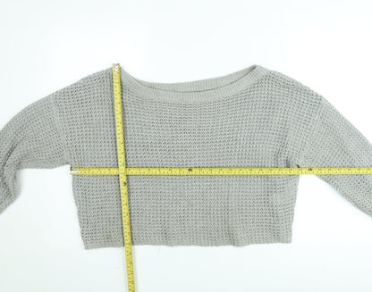 Back view of Missguided Women’s Grey Open-Knit Boat Neck jumper, size UK 10/12
