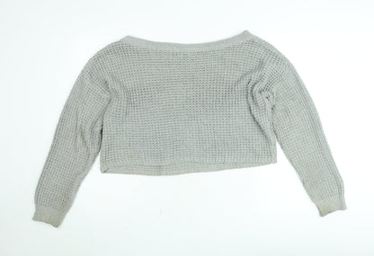 Close-up detail of Missguided Women’s Grey Open-Knit Boat Neck jumper, size UK 10/12