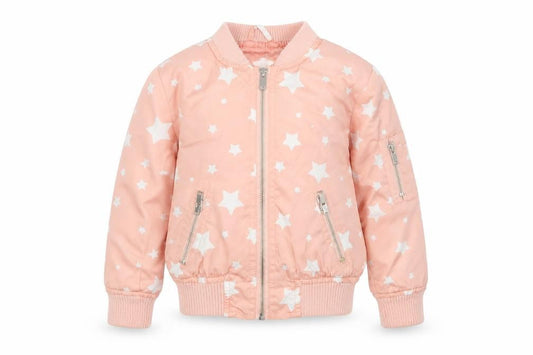 Front view of Urban Republic girls’ pink star bomber jacket 4 years polyester zip-up