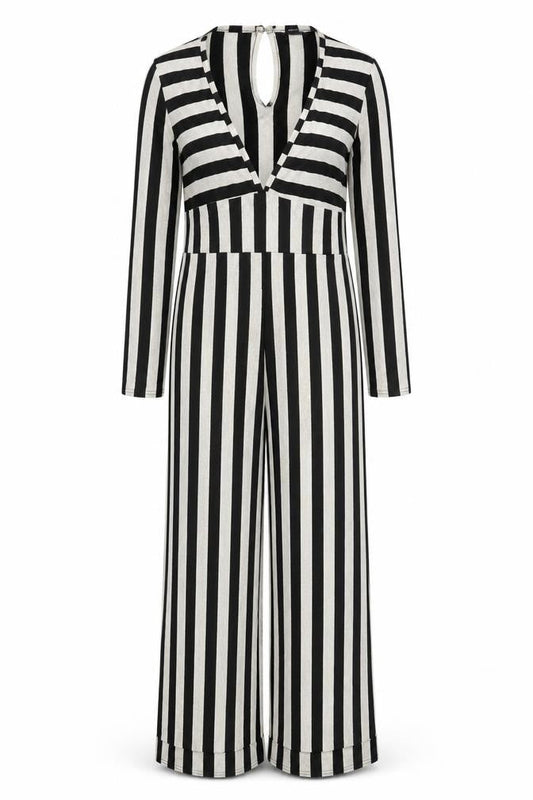 PRETTYLITTLETHING Women’s Black & Beige Striped Long Sleeve Jumpsuit UK 14