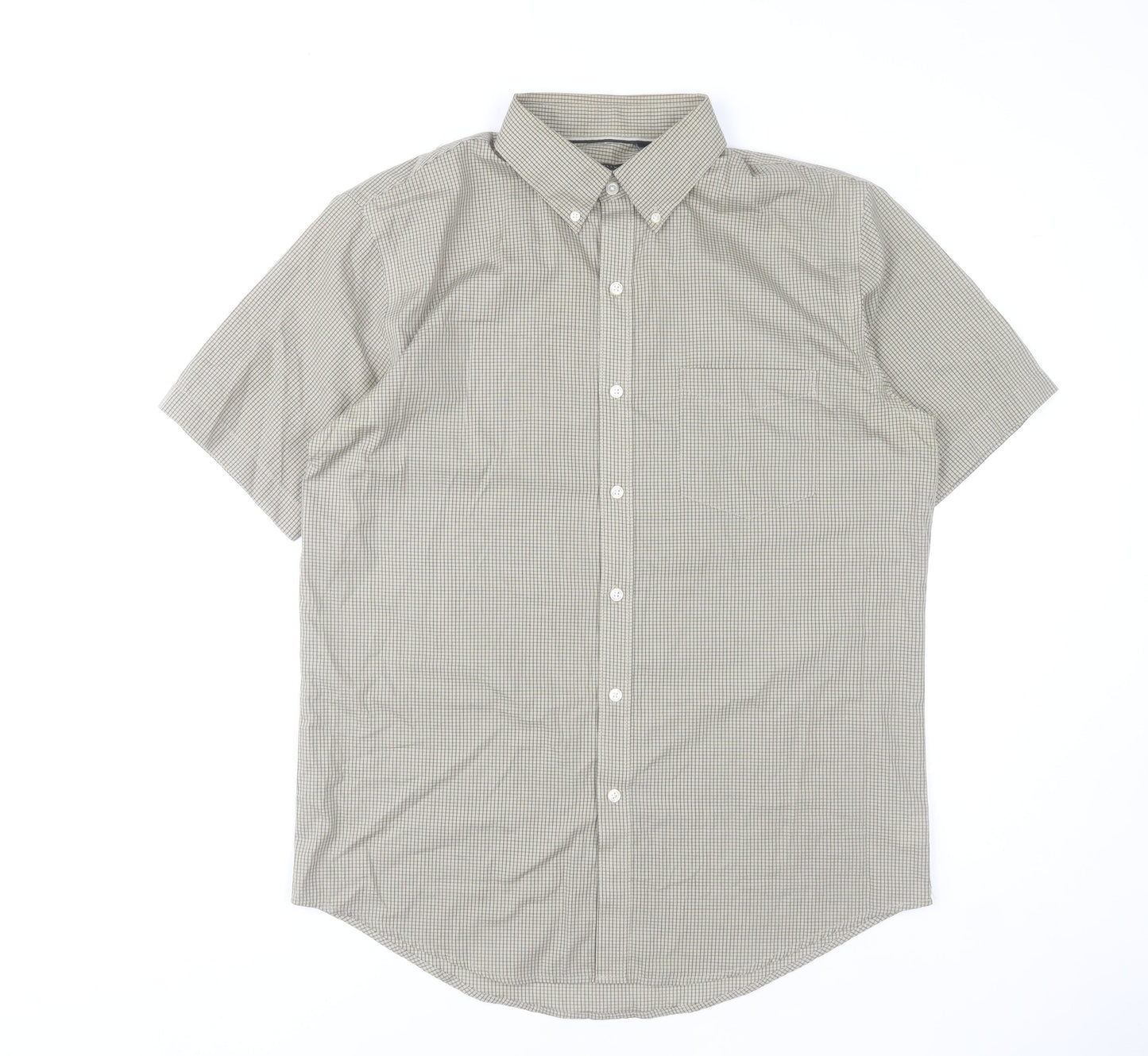 Van Heusen Men's Beige Checked Short Sleeve Classic Fit Shirt M 15.5in