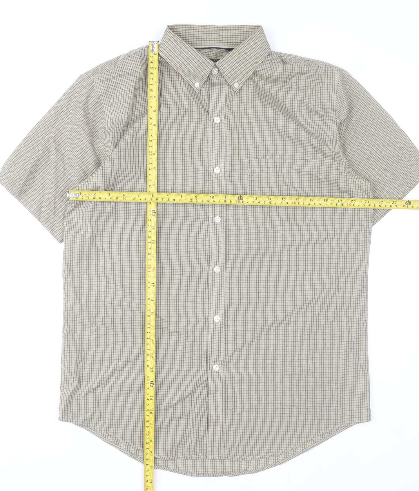 Van Heusen Men's Beige Checked Short Sleeve Classic Fit Shirt M 15.5in