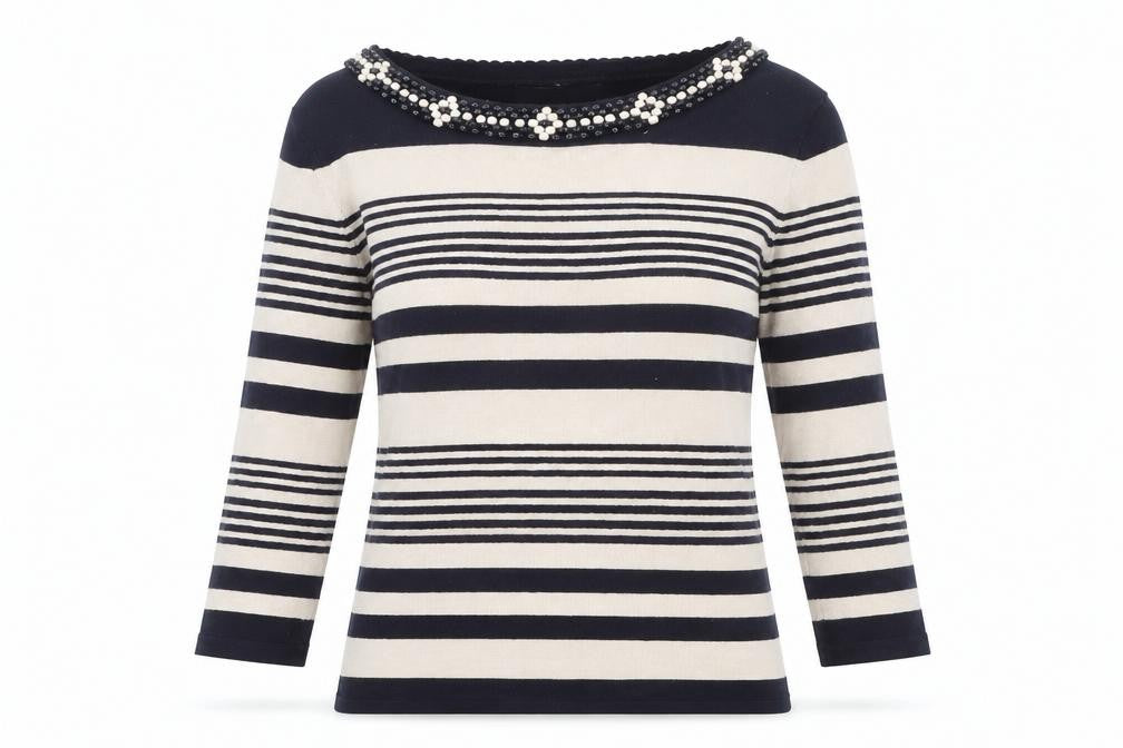 Marks & Spencer Women’s Navy Stripe Beaded Boat Neck Jumper UK 10