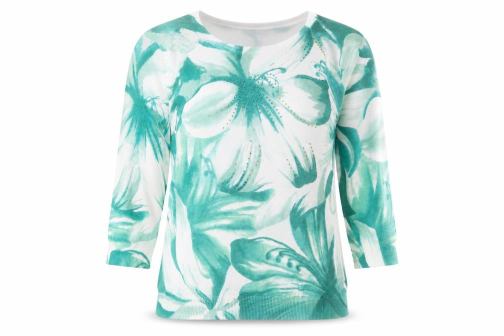 Mudflower Women's Green Floral Rhinestone Knit Jumper S 3/4 Sleeve Pullover