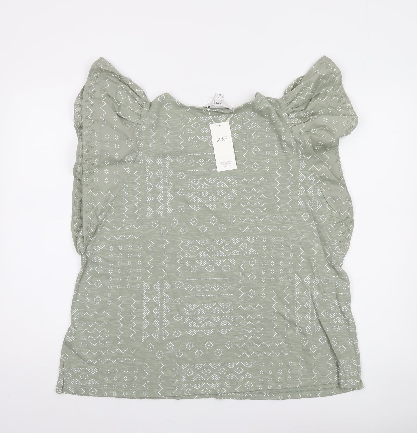 Marks and Spencer Women’s Green Ruffle Sleeve Cotton Blouse Size 16