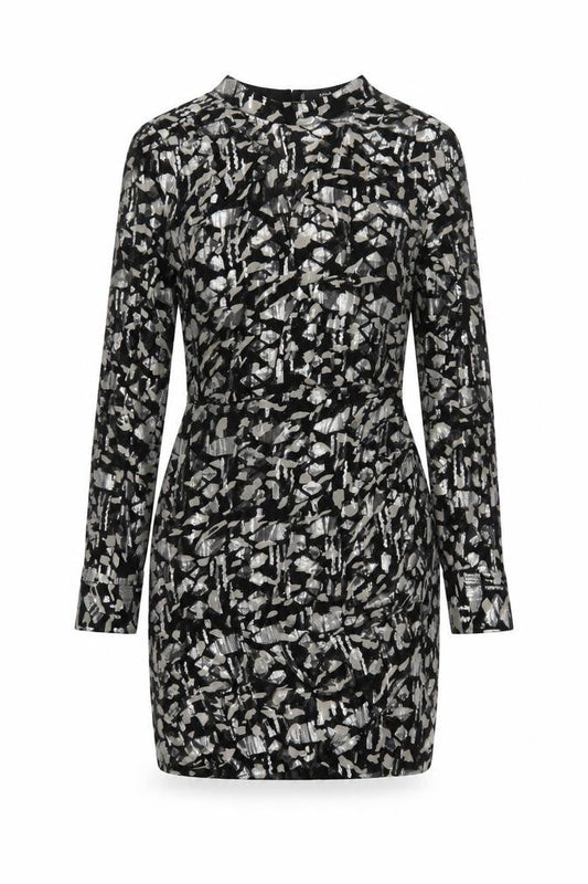 Mango Women Black Metallic Abstract Bodycon Dress Size 8 Party Lined