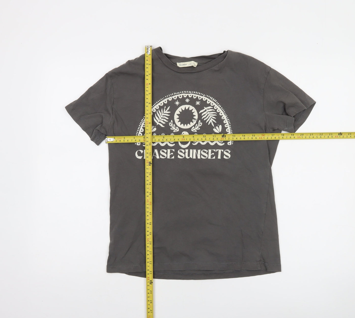 Pull & Bear Women's Grey 'Chase Sunsets' Cotton T-Shirt XS