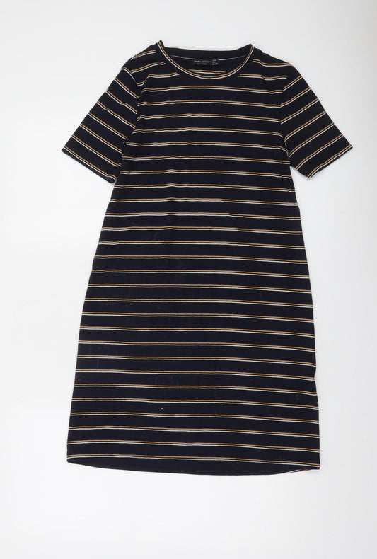 Bershka Women Blue Striped T-Shirt Dress Size 8 Short Sleeve Casual