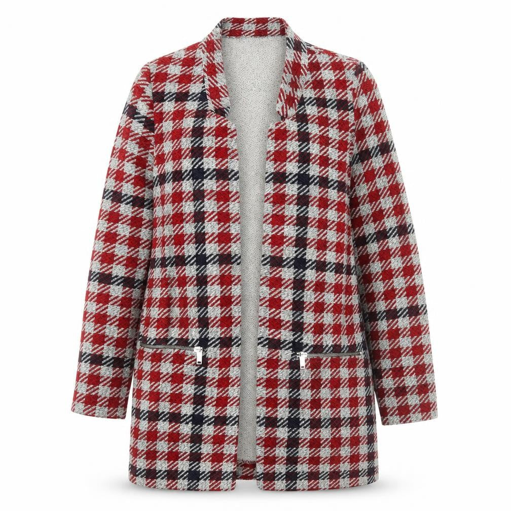 Stradivarius Women Red Check Mid-Length Coatigan Size 12