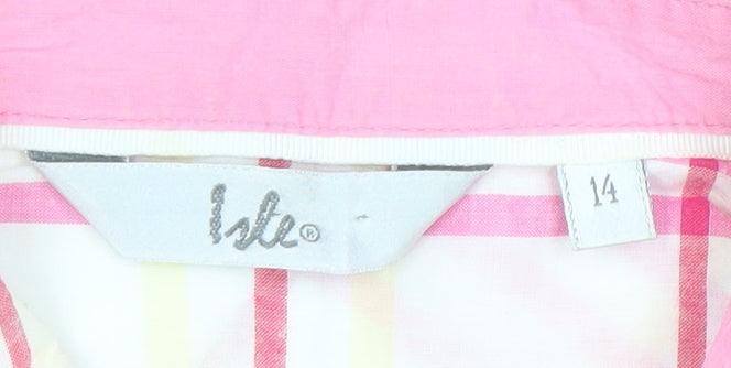Isle Womens Pink Check Button-Up Shirt Size 14 Cotton 3/4 Sleeve Casual