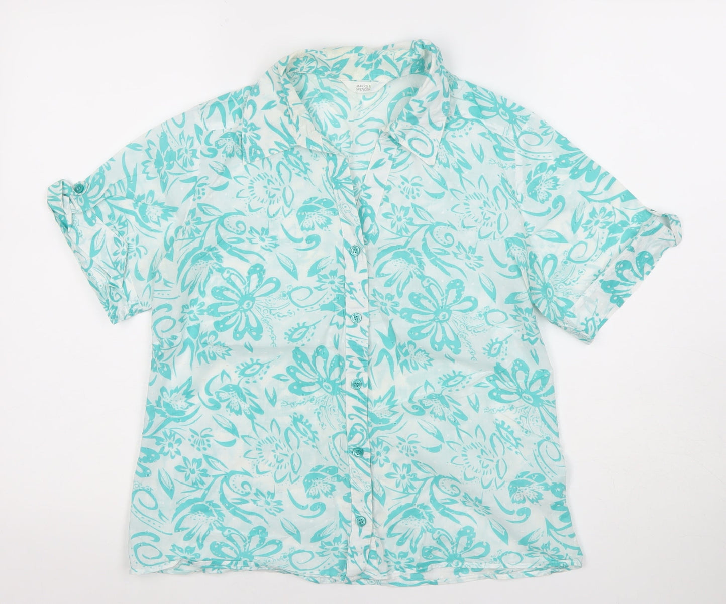 Marks and Spencer Womens Blue Floral Cotton Button-Up Shirt Size 10